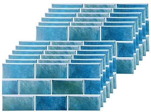 Blue Brick Tile Stickers for Bathroom Kitchen Waterproof Vinyl Stick on Tiles Backsplash Self Adhesives Wall Tile Transfers Peel and Stick Tile Decals for Living Room - 30x15cm (12 Sheets)