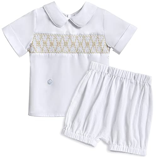 Booulfi Toddler Suit for Boys 2 3t Summer Boy Outfits White Linen Peter Pan Collar Shirt Short Set Gentleman Wedding Baptism Clothes,2t Baptism Outfit Boy
