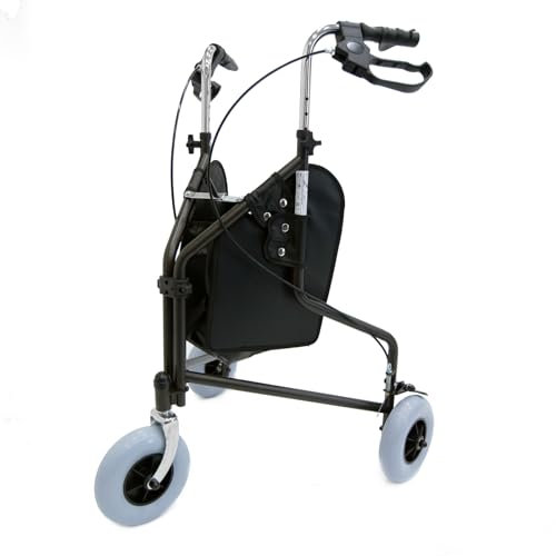 Helping Hand Company Lightweight Three Wheeled Folding Walker with Brakes and Carry Bag. Height Adjustable Indoor and Outdoor Rollator for Seniors, Disabled and Anyone Who Needs Support When Walking