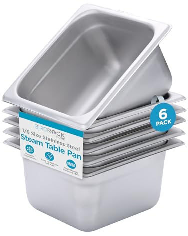 BIRDROCK HOME Stainless Steel Steam Table Pan - Hotel, Restaurant & Catering Supplies - 24 Gauge Steel, 1.8 qt Capacity - Meal Prep, Cooking, & Food Storage Container - 4 Depth, 1/6-Size (6 Pack)