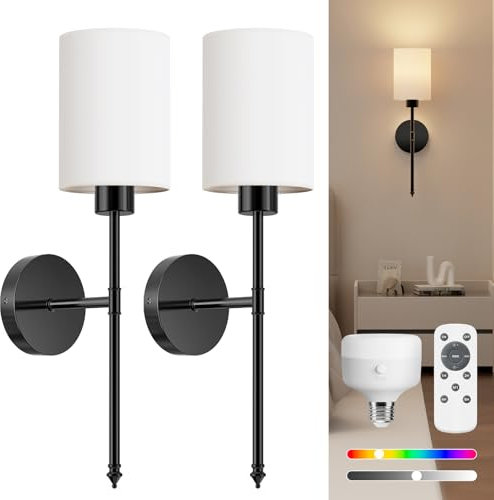 NIORSUN Battery Operated Wall Lights, Black Wireless Rechargeable Wall Lights with 5200mAh Dimmable Detachable Bulbs and Remote, 9 Colours Sconces Wall Decor for Bedroom Living Room Hallway