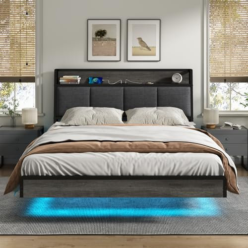 KIMENICH Bett 140 x 200, Bett mit LED-Beleuchtung, Polsterbett 140x200, Schwebender visueller Effekt, Ladestation, Bettgestell mit Lattenrost, für Schlafzimmer, Gästezimmer, Leinenstoff Grau