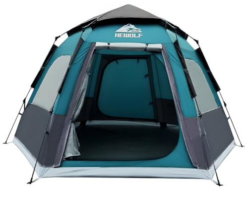 Hewolf 2/3/4 Person Camping Tent - Instant Pop Up Waterproof 2 Doors Tent with Easy Setup | 3-Season Hexagonal Dome Design for Family, Hiking & Traveling (Blue)