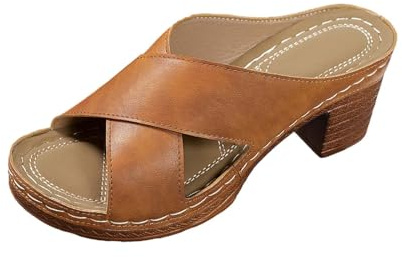 Sandales Cuir Femme Nu-Pied Confortable avec Talon Bloc Chaussures De Piscine Anti-Dérapant Respirantes Chaussons Bout Ouvert Bohême Claquette Femmes Mode Legere Compensées Premium