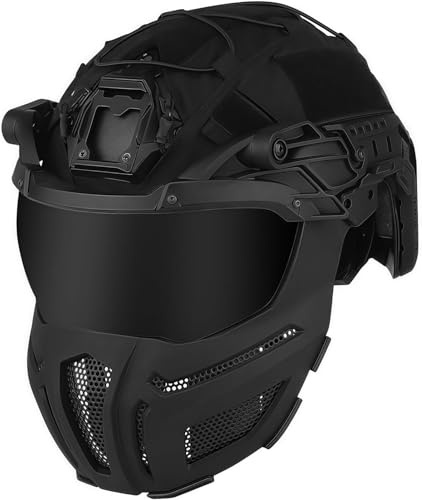 Casco tattico FAST, casco completamente coperto con maschera/occhiali in rete di acciaio, equipaggiamento protettivo per caccia e cosplay (Black)