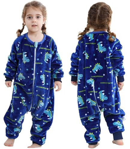 HAHASHOW Pijama Manta Niño Franela Saco De Dormir con Pies TOG 2.5 Buzo Bebe Invierno Ropa Bebe Niña 18-24 Meses, Dino Azul