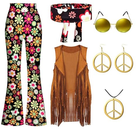 Costume Hippie Donna - Vestito Anni 70 per Festa a Tema, 6 pc Abito Fiore con Top Pantaloni Occhiali Orecchini Collana Pace e Panno per la Testa per Carnevale, Vestiti Donna per Party e Eventi