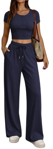 JFAN Conjunto Chándal Mujer 2 Piezas Verano Casual Conjunto Mujer Loungewear Ropa Deportiva Para Cómodo Acanalado Corto Top Pantalone Deportivo con Bolsillos
