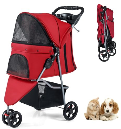 SFAREST Folding Pet Stroller, Portable Pet Travel Pushchair with Adjustable Canopy, 3 Shock-Absorbing Wheels, Storage Basket and Cup Holder, 3 Wheel Pet Travel Carrier for Dogs and Cats (Red)