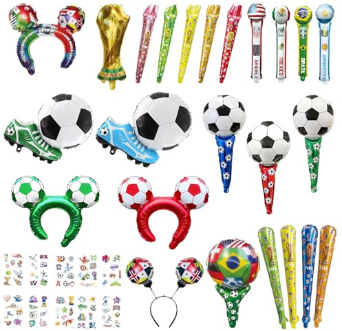 Fotbollsfanartikelset 24 delar – festdekoration med klappstänger, fläktpinnar, pokal folieballong, fotboll aluminiumballonger, hårband och lysande ansiktsklistermärken – fläkttillbehör för publiken