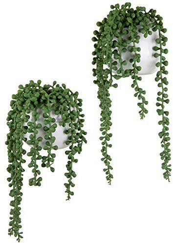 MyGift Artificial Faux String of Pearls Plants in White Ceramic Wall Hanging Planter Pot with Jute Rope, Set of 3