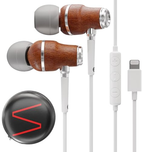 Symphonized Premium Wooden iPhone Wired Earphones (Apple MFI Certified), Deep Bass Sound, 3D Sound, Microphone and Volume Control, 90% Noise Cancelling Headphones with Lightning for iPhone SE to 14