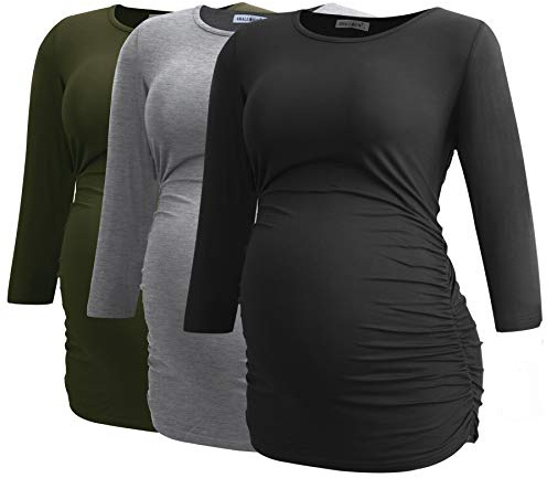 Smallshow Haut de Maternité pour Femmes Lot de 3 Vêtements de Grossesse à Manches froncées 3/4,Black/Grey/Army Green,2XL