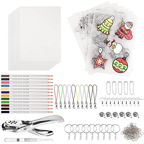 NOVWANG 198 Pieces Heat Shrink Plastic Sheet Kit Include 28 Pcs Shrinky Paper, Hole Punch, Keychains Accessories and Pencils for Creative Art Craft