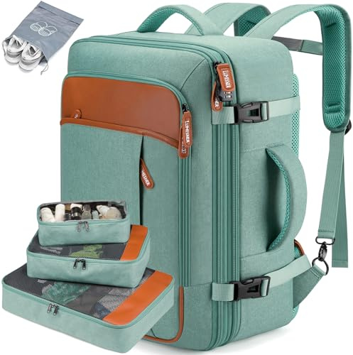 Lumesner Carry on Backpack, Extra Large 40L Flight Approved Travel Backpack for Men & Women,Expandable Large Suitcase Backpacks With 4 Packing Cubes (Green)