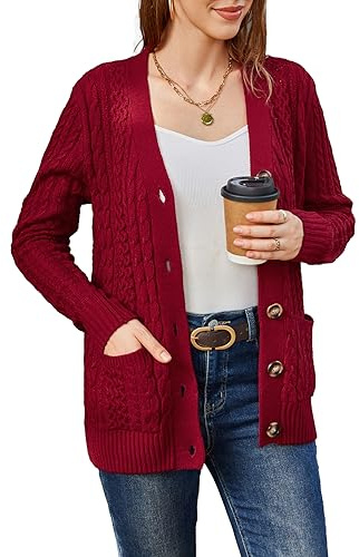BuyiRen Womens Cardigan Sweaters Cable Knit Sweater 2026 Fall Winter Chunky Open Front Button Down Coats with Pockets, Red, UK 14-16