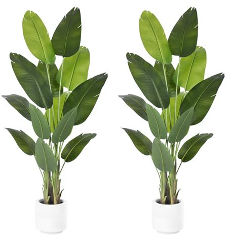 ZEEOZE 2Pcs Artificial Bird of Paradise Plant 180cm Tall Fake Tropical Palm Tree Large Fake Plants with 13 Banana Leaves Faux Plant Indoor Decor Trees White Pot for Home Bedroom Living Room Office