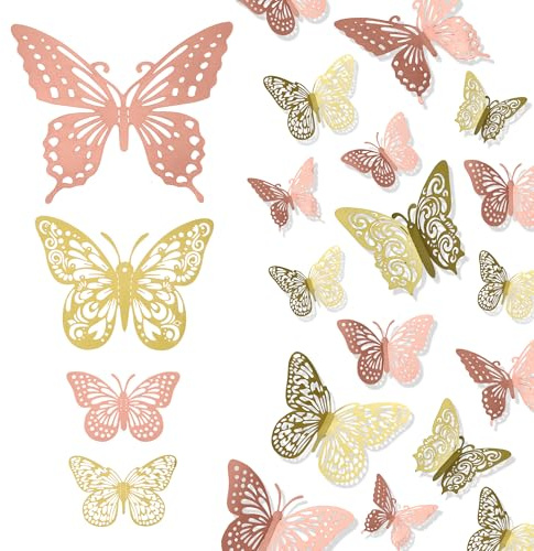 Butterfly Stickers,Wall Stickers,Girls Bedroom Accessories,Butterfly Decorations,Room Accessories,Gold Wall Decor,Gold and Rose Gold Butterflies
