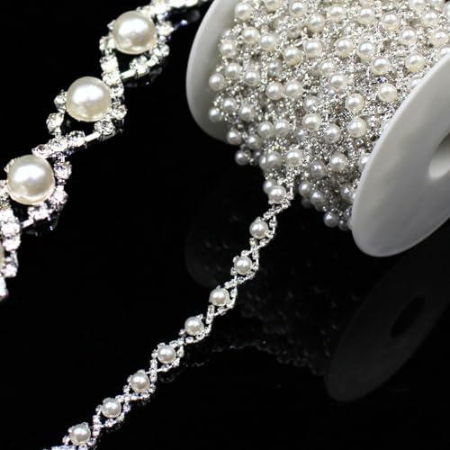 PEARLY JUN 1 Yard Silver Rhinestone Trim Chain Pearl Crystal Beads String | Diamante Ribbon Bling Strips Sewing Fringe Tassel Sewing for DIY Party Wedding Bouquet Dress Decoration Bridal Embellishment