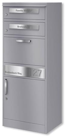 Metzler Paketbox mit 2 Briefkästen – 2er Briefkasten mit Paketfach & Namensgravur, Personalisierte Blenden aus Edelstahl – Outdoor Paketbriefkasten draussen XXL – RAL 9007 Graualuminium - Modell Bispo