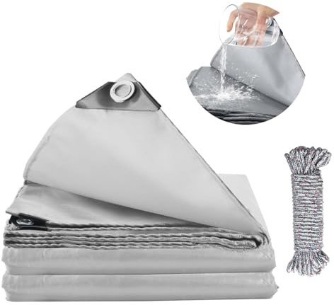 KJLEEN 3×5m Tarpaulin Waterproof Heavy Duty Tarp 440g/m² PVC Grey Tarp with Eyelets & 10m Rope, UV-Anti Large Tarpaulin for Boat Truck Trailer Garden Furniture Roof Cover Camping Ground Sheet