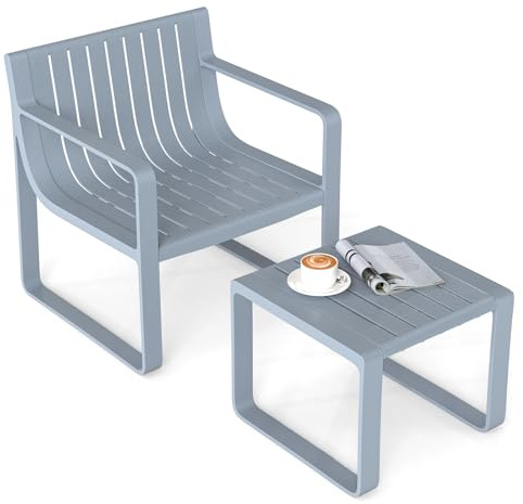 COSTWAY Salon de Jardin 2 Pièces avec Table Basse Carrée, Ensemble de Mobilier de Patio en PP Résistante aux Intempéries, Ensemble de Table et Chaises Bistro à Lattes pour Patio Balcon, Gris