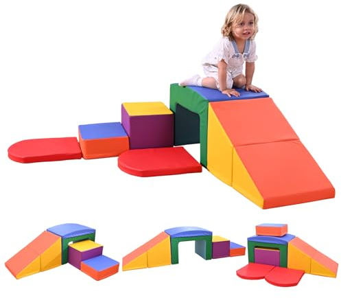 CUPCHID Parcours Motricité Bébé en Mousse,Blocs d’Escalade avec Housse en Cuir et Attaches à Crochets et Boucles, Mousse Blocs de Construction Jouets éducatifs,Soft Play Corner Climber (DM152122)
