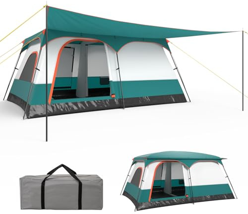 GYMAX Tente Camping Grande avec Auvent, 2 Chambres Séparées, Toit de Lucarne, Bâche Anti-Pluie Amovible, Portes et Fenêtres Enroulable, pour Extérieur Concerts, Pique-Nique (8-10 Personnes)