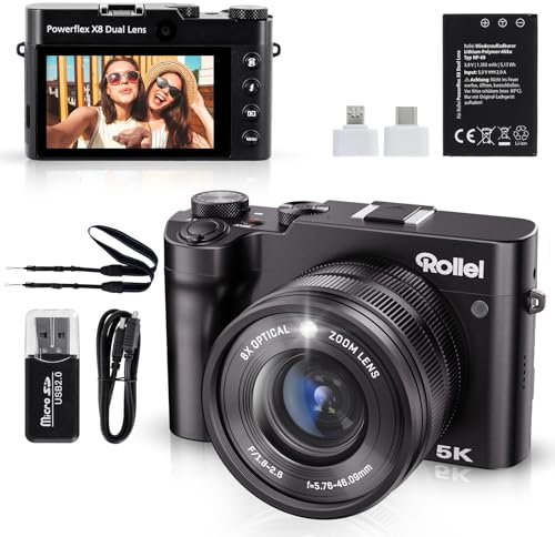 Rollei Powerflex Digitalkamera X8 Dual Lens 8X Optischem Zoom(2 Lens & 3,6 Touchscreen) 64MP 5K Fotoapparat Kompaktkamera Tragbar Fotokamera für Anfänger Schwarz, Digital-Kamera-Fotoapparat