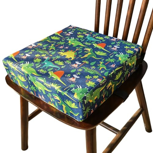 Asiento Elevador para Silla/Mesa de Cocina Asiento Elevador para Niños Pequeños con Esponja de Alta Densidad con Correa de Fijación y Funda Desmontable Cojín Portátil con Patrón de Dinosaurio Imperme
