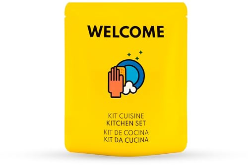 BENEKI Set da cucina Airbnb – ideale per affitti a breve termine con spugna, detergente per piatti, sacchi per la spazzatura da 50 l e 10 l - (con mensola per il bucato (set di 50 set))