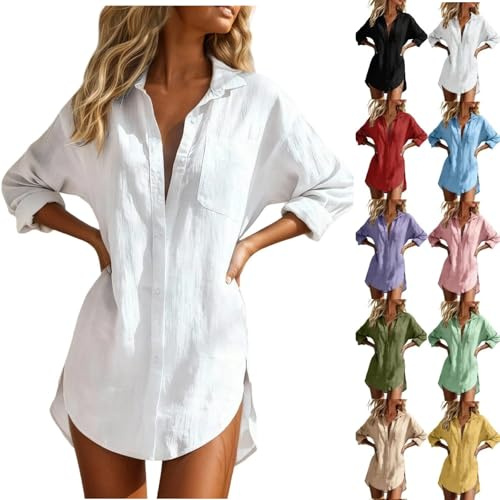 Chemise Lin Femme Manches Longues Chemisier Chic Et Élégant Mi Long Top Asymétrique Respirant Couleur Unie Blouse Ete Tunique Grande Taille Col en V Bouton Tops A Poche Chemisiers Et Blouses Anti UV