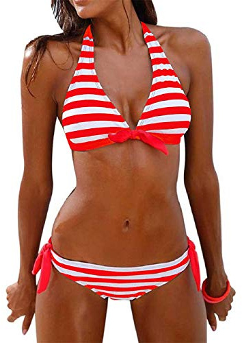 Tuopuda Costumi da Bagno Donna Bikini Due Pezzi Push Up Imbottito Righe Halter Top Reggiseno con Slip Costume Mare Coordinati Sexy Spiaggia Regolabile Brasiliana Bikini Set Estivi Beachwear, rosso, XL