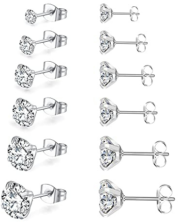 6 Pairs Stud Earrings Set,Hypoallergenic Cubic Zirconia 316L Stainless Steel CZ 3-8mm Earrings for Men,Women,Boys & Girls (Silver)