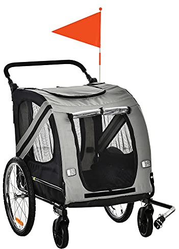 PawHut Dog Bike Trailer 2 in 1 for Medium Dogs 134L x 60W x 101H cm Grey