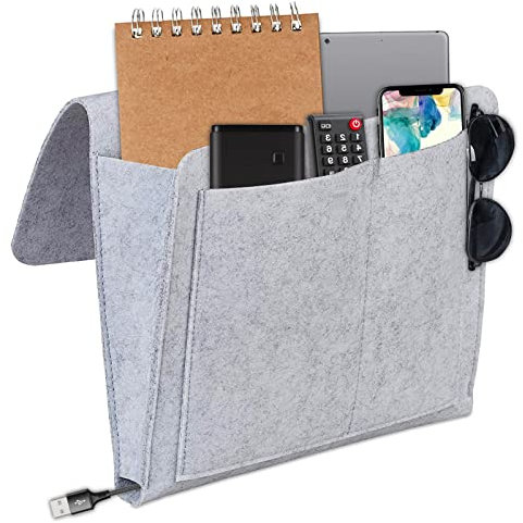 jiuzcare Bedside Storage Organizer Sofa Caddy Remote Holder for Recliner Bed Pocket Bed Organizer Hanging Pocket for Magazine, Tablet, Phone, iPad, TV Remote Control, Light Grey