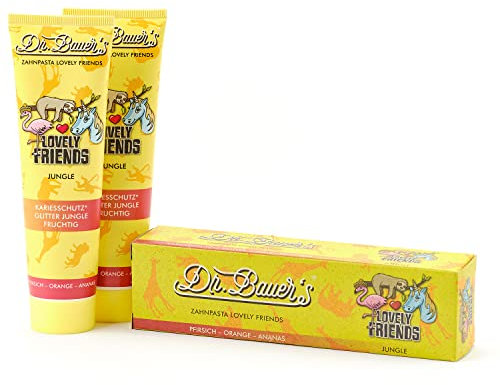 Dr. Bauer's Lovely Friends Zahnpasta mit Glitzer Motiven, viele tolle Geschmacksrichtungen, Zahncreme für Kinder und Erwachsene, nachhaltiger Verpackung, 90ml pro Tube JUNGLE 2er Pack (2x 90ml)