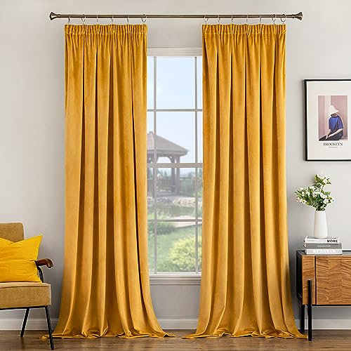 Woaboy Pencil Pleat Velvet Mustard Curtains 90 Drop for Living Room Luxury Soft Drapes for Bedroom Window Treatment for Thermal Insulated & Room Darkening Mustard Yellow W 46 x L 90, 2 Panels