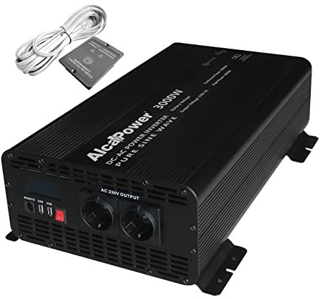 Alcapower 924231 Inverter sinusoidale onda pura 3000W, controllo remoto con cavo di 6m incluso e 2 prese USB, Input 24V Output 230V, display LCD, cavi inclusi