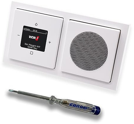 Busch Jäger DAB+ (DAB PLUS) Unterputz Radio 8215U-101 Future Linear Studioweiß, Komplett-Set mit Lautsprecher, Abdeckungen, Rahmen + EBROM Phasenprüfer zur Montage d. Geräte - 8215 U – 101