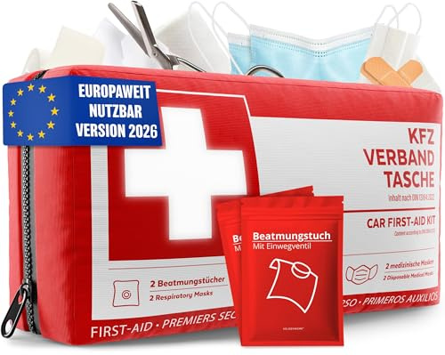 HELDENWERK Borsa di medicazione per auto secondo la norma attuale 2024 DIN 13164:2022 (conforme alle norme locali vigenti), utilizzabile in tutta Europa, kit di pronto soccorso, per auto 2024 testato