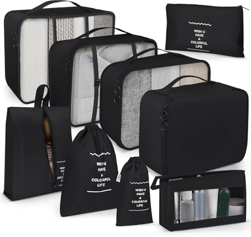 OBSGUMU Koffer Organizer Set, 9 Pcs Packing Cubes für Reisen, Packtaschen für Koffer Reise Kleidertaschen, Verpackungswürfel Mit Kosmetiktasche, Packwürfel for Reiseutensilien(Schwarz)
