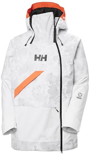 Helly-Hansen Powchaser Asym Jacket - Wasserdichte Skijacke für Damen mit Neon-Details, PrimaLoft Insulation, 854 Grey Fog Snow Camo Aop, Medium