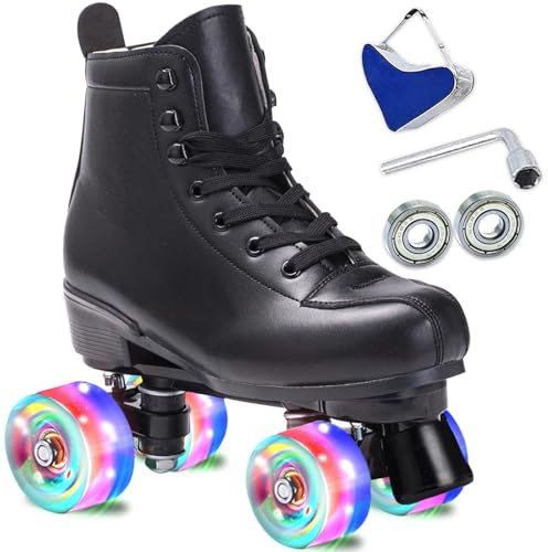 SCNUT Patines para Mujer y Hombre, Piel sintética, clásica, Doble Fila, Ajustable, para Exteriores, Interiores, Cuatro Patines y Roller Derby (Rueda Flash Negra, 44-mujeres10 / Hombre 9)