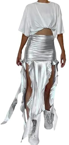 Falda Elegante con Dobladillo y Cintura Alta, Falda con Volantes, Falda asimétrica de Fiesta Punk para Mujer, Verano, Plata, S