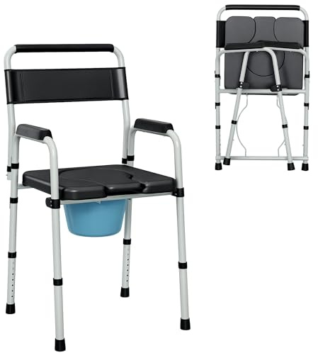 HOMCOM Sedia WC per Anziani Regolabile in Altezza su 7 Livelli 81.5-97cm con Secchio Rimovibile, Sedia Comoda WC Pieghevole con Braccioli e Schienale in Acciaio e Pelle PU, Capacità Peso 150 kg, Nero