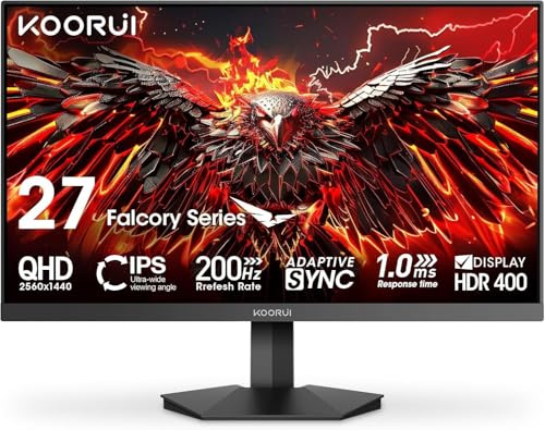 KOORUI 27 Zoll Gaming Monitor, QHD 200Hz 1ms Fast IPS | HDR 400 Adapitive Sync Kompatibel, 95% DCI-P3 | HDMI 2.0/DP 1.4 Augenpflege VESA-Wandmontage