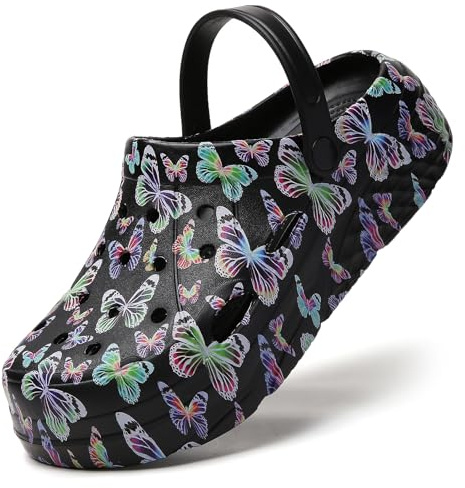 XJITIGER Platform Graphic Clogs for Women: Summer Garden Shoes - Slip On Beach Sandals - Outdoor Water Slippers with Removable Insole