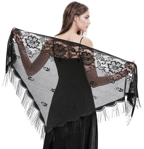MBAIYO Lace Shawls and Wraps, Women Black Lace Wrap Shawl Triangle Fringe for Evening Dress Wedding Party 81 x 31in (black)