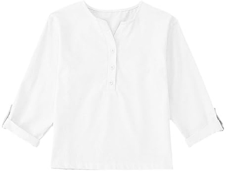 Chemise Henley sans col à manches longues et col en V pour adolescents et enfants, coupe ample, t-shirt décontracté, couleur unie, vêtements légers, blanc, 13-14 ans